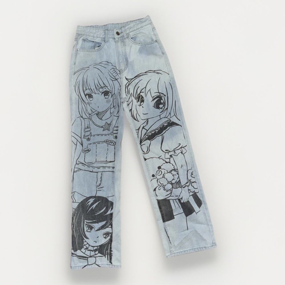 Romwe Anime Print Wide Leg Denim Jeans Light Wash 26x33